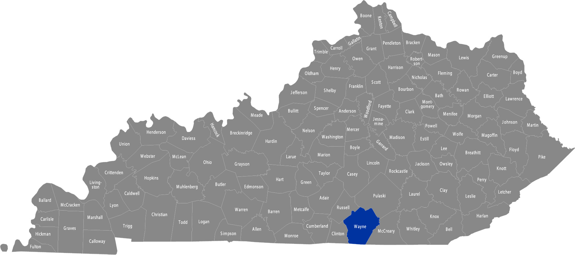 State of Kentucky map with Wayne County highlighted 